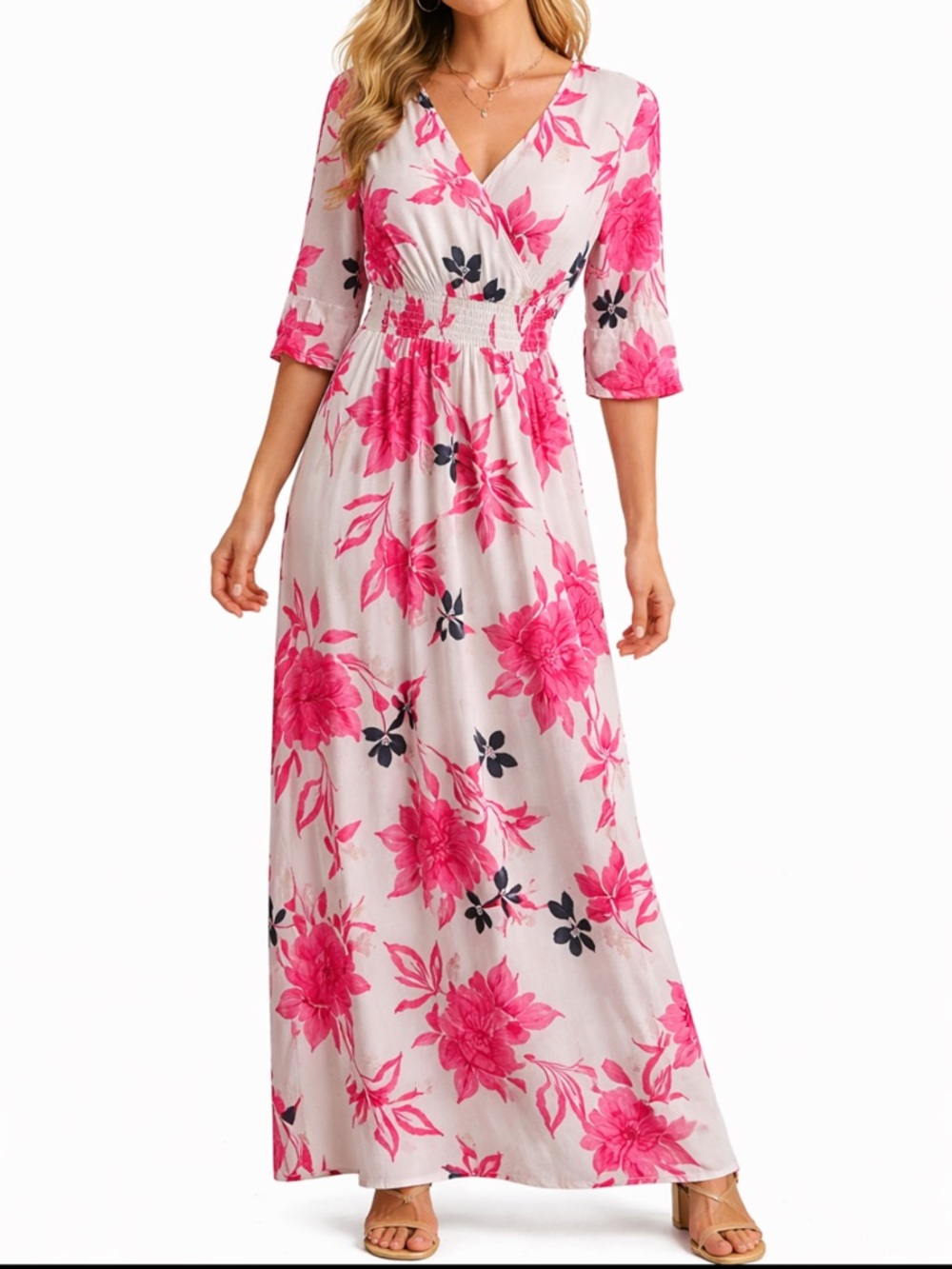 Maxi Dress with Pink & Black Floral Print size small mesh 3/4 sleeves